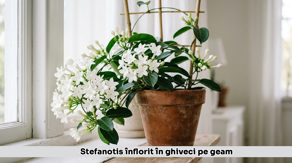 Stephanotis floribunda cu flori albe într-un ghiveci Stephanotis înflorit în ghiveci pe geam — condiții corecte de înflorire